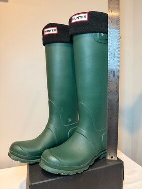 Green Tall Rain Boots with Removable Black Fleece Liner